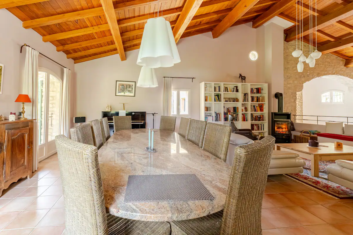 Large dining room under a timber roof